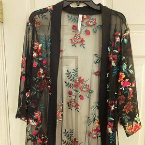 Open front mesh and satin  floral cardigan